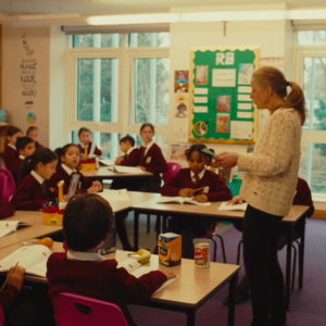 A picture of a primary school class being taught German