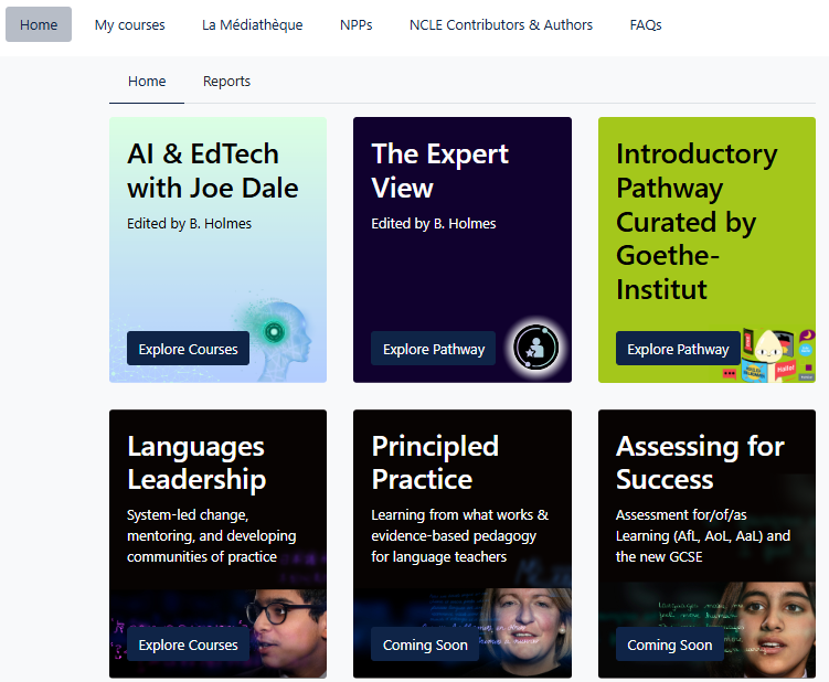 A screenshot of the Language Educators Online homepage. It shows a dashboard with 6 different courses available including:
AI & EdTech with Joe Dale – edited by Bernardette Holmes
The Expert View – edited by Bernardette Holmes
Introductory pathway curated by Goethe-Institut – in German
Principled Practice – learning from what works and evidence-based pedagogy for language teachers
Languages Leadership – system led change, mentoring and developing communities of practice
Motivation and Engagement – Making connections between language learning and life